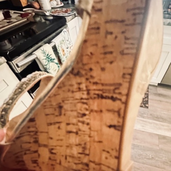 BEBE DECORATIVE BUTTON DESIGN CORK WEDGE ANKLE STRAP HEELS SIZE 8 - Picture 15 of 16